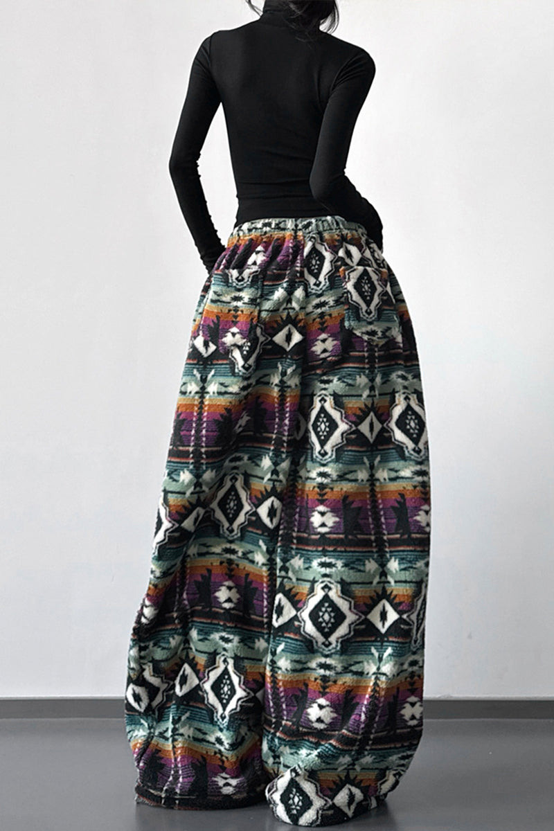 Tribal Pattern Wide-Leg Casual Pants