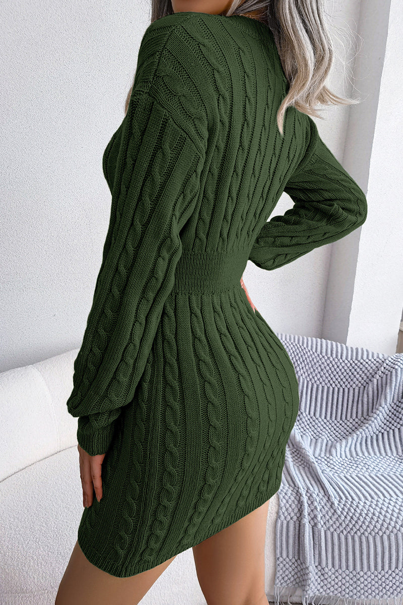 Cable Knit V-Neck Casual Sweater Dress