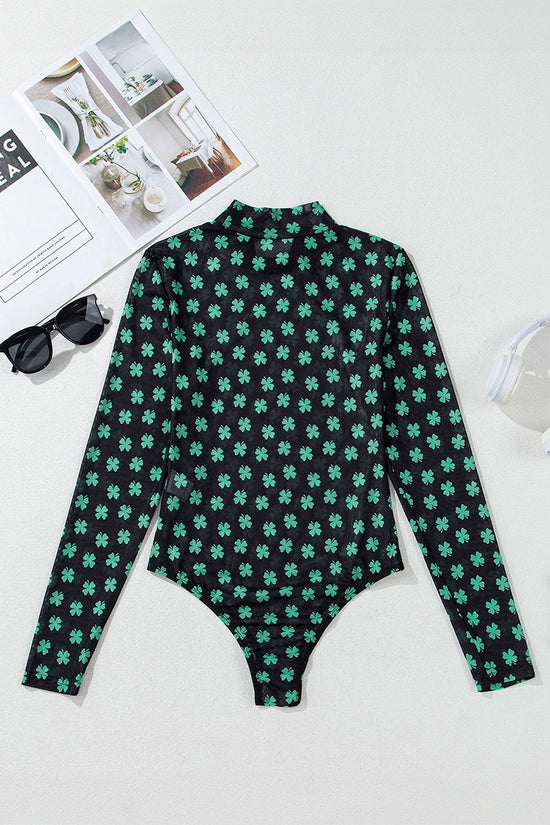 St Patrick Shamrock Print Mesh Bodysuit