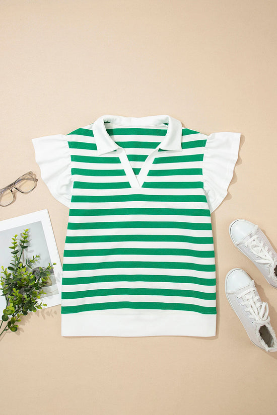 Striped V-Neck Ruffled Sleeve Blouse