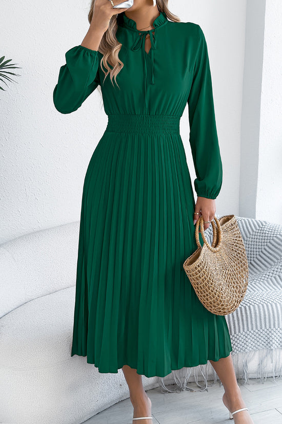 Ruffled Neck Pleated Midi Dress
