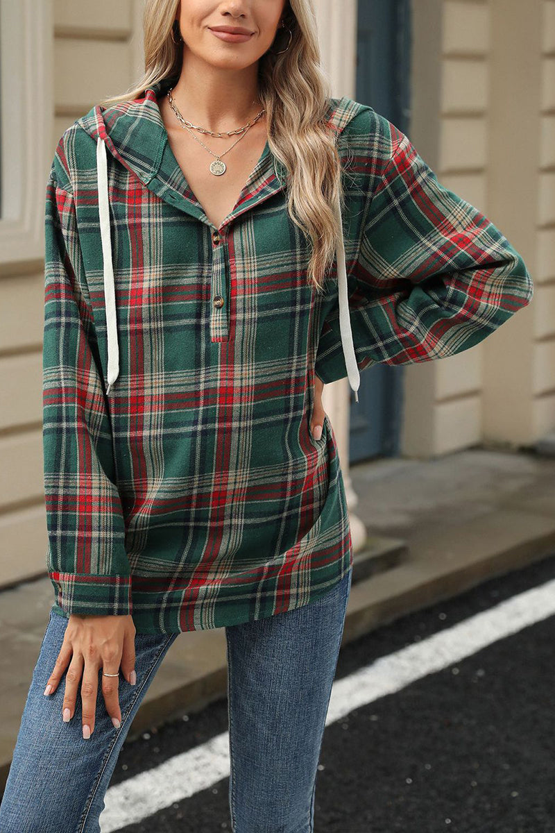 Plaid Hooded Button-Up Blouse
