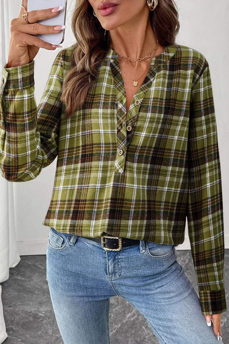 Plaid Button-Up Casual Blouse