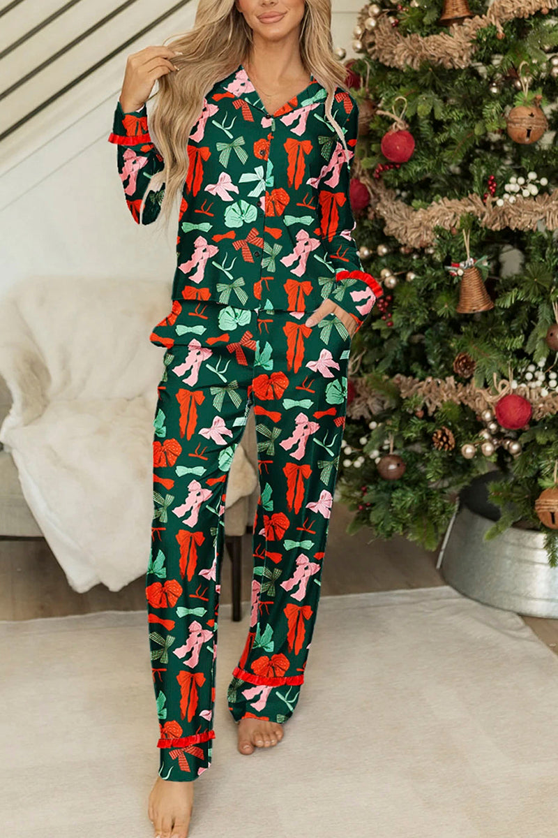 Festive Bow Print 2-Piece Pajama Set