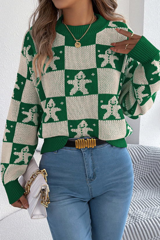 Festive Checkered Sweater with Gingerbread Design