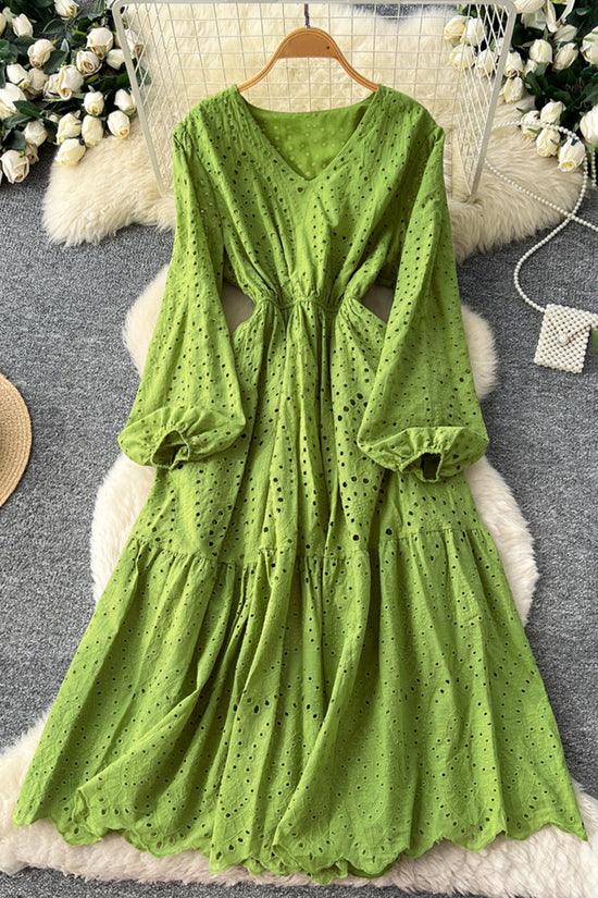Elegant V-Neck Eyelet Casual Dress