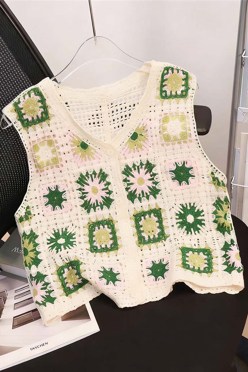 Floral Crochet Button-Up Sweater Vest