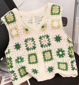 Floral Crochet Button-Up Sweater Vest