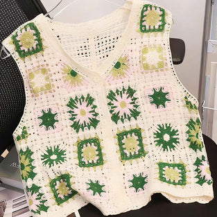 Floral Crochet Button-Up Sweater Vest
