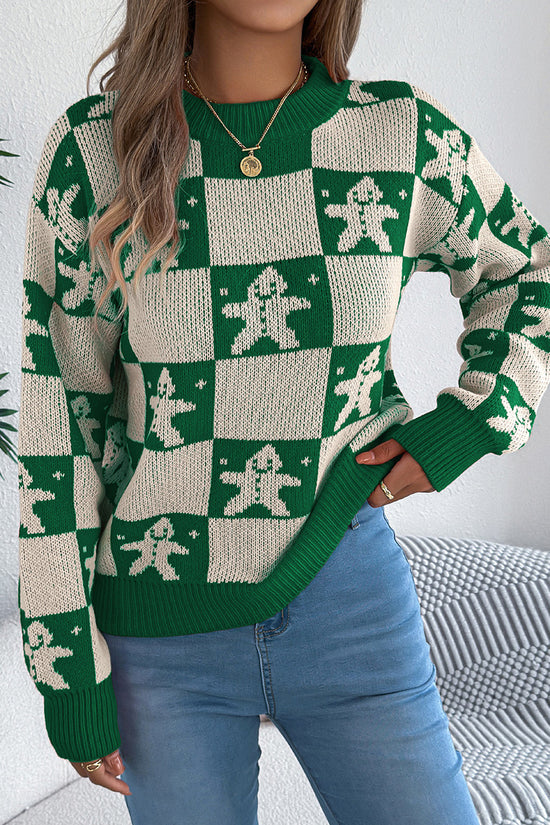 Festive Checkered Sweater with Gingerbread Design
