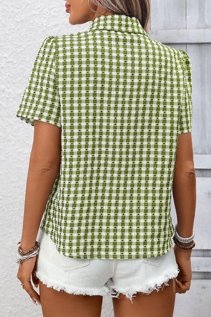 Checkered Short Sleeve Button-Up Blouse