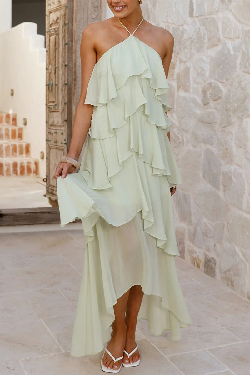 Tiered Asymmetric Halter Casual Dress