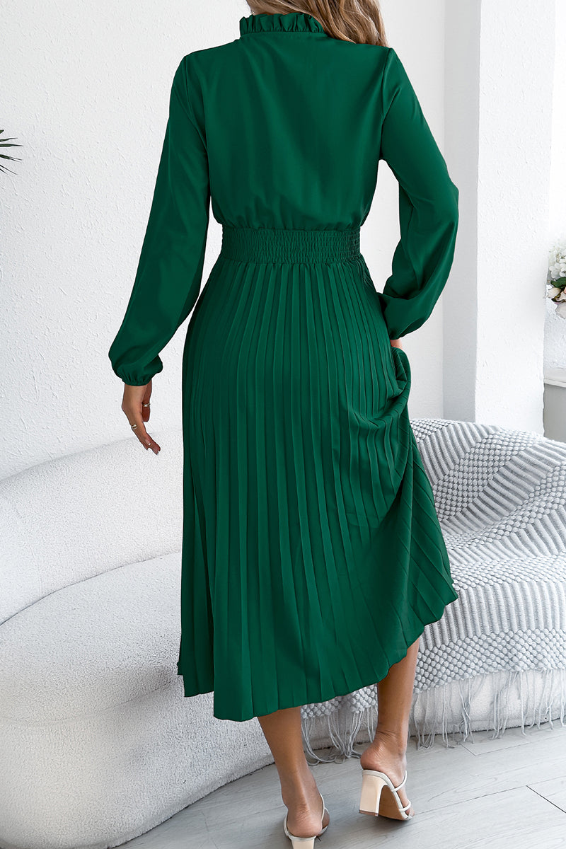 Ruffled Neck Pleated Midi Dress