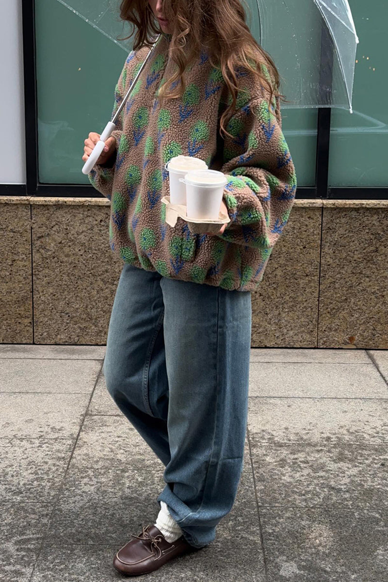 Floral Printed Zipper Front Cozy Jacket