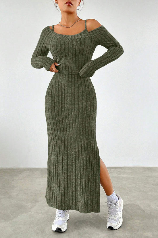Off-Shoulder Ribbed Dress Set