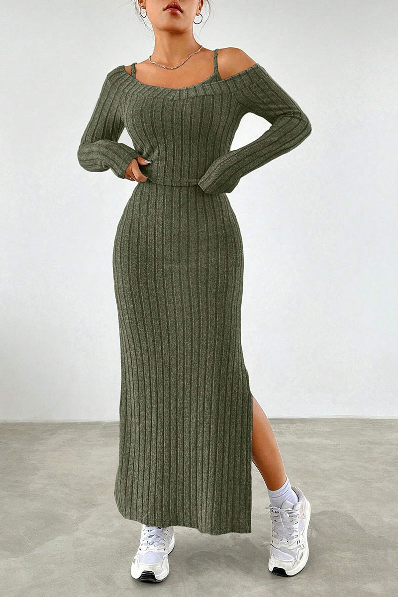 Off-Shoulder Ribbed Dress Set