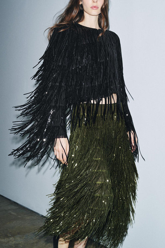 Fringe Detail Midi Skirt