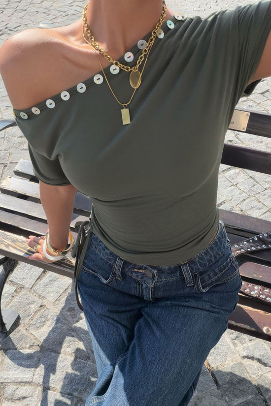 Button-Trim Off-Shoulder Bodycon Top