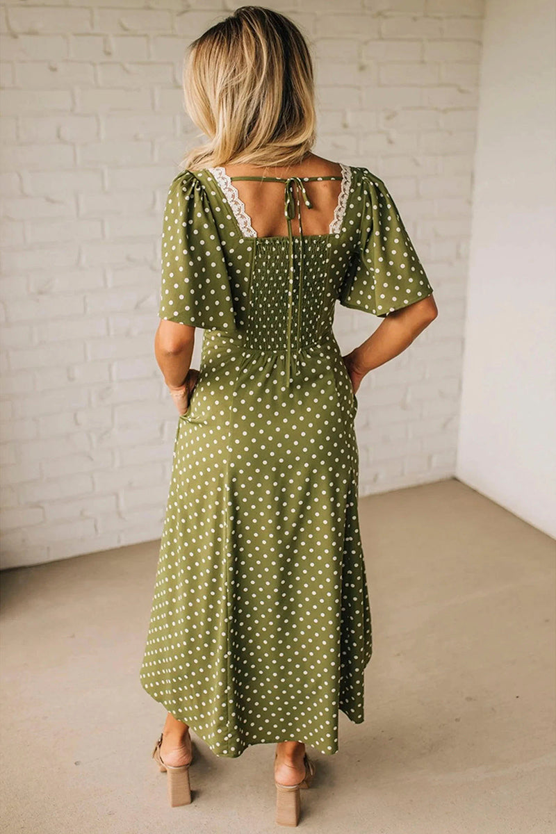 Polka Dot Lacy Neck Smocked Maxi Dress