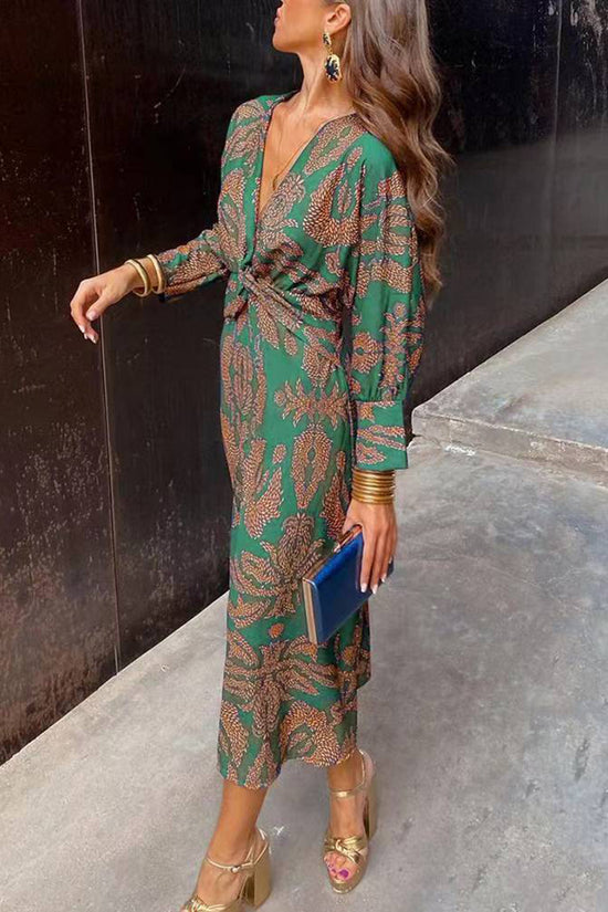 Patterned Long Sleeve Knotted Dress