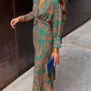 Patterned Long Sleeve Knotted Dress