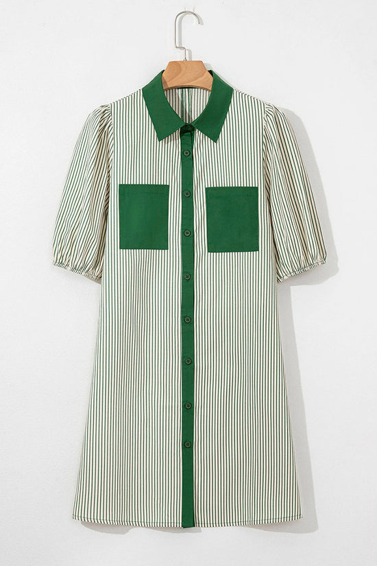 Stripe Patchwork Shirt Collar Mini Dress