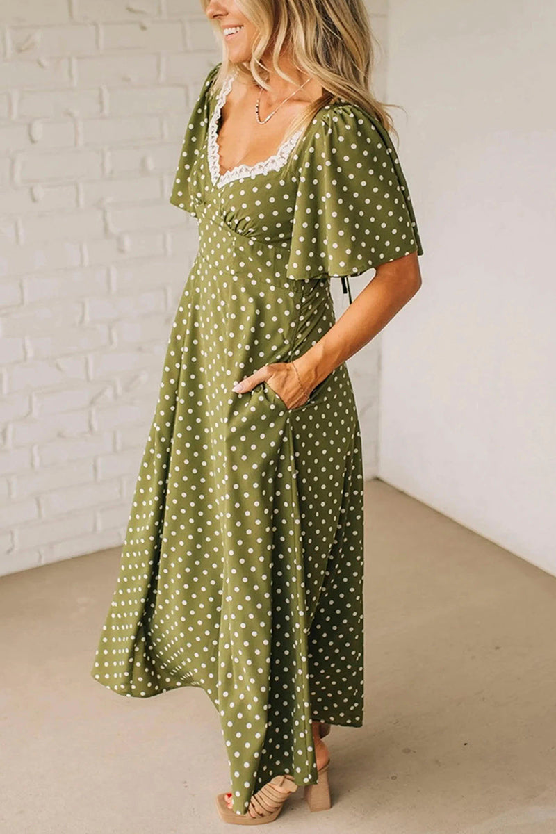 Polka Dot Lacy Neck Smocked Maxi Dress