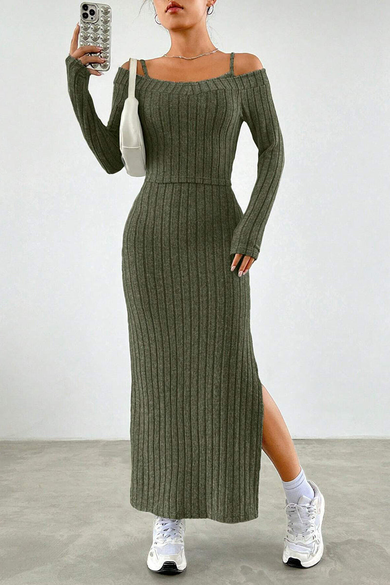 Off-Shoulder Ribbed Dress Set