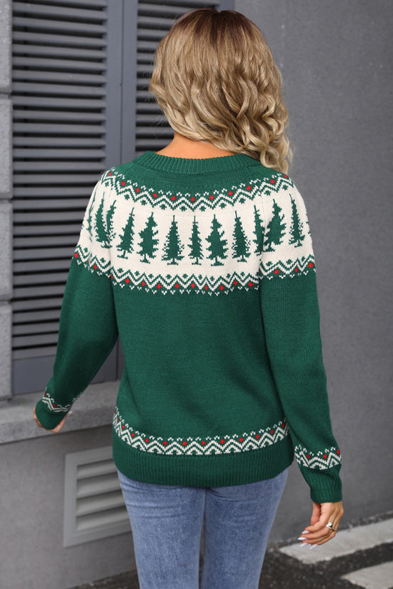 Festive Tree Pattern Crewneck Sweater