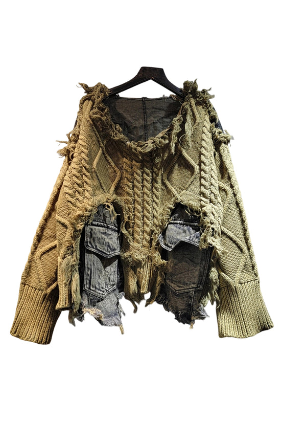 Distressed Knit Cable Sweater