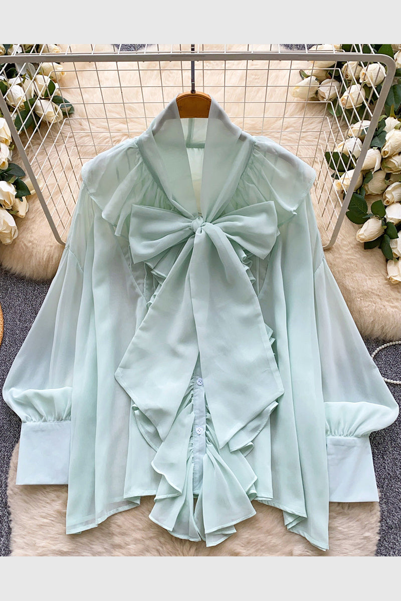 Elegant Bow Tie Ruffle Blouse