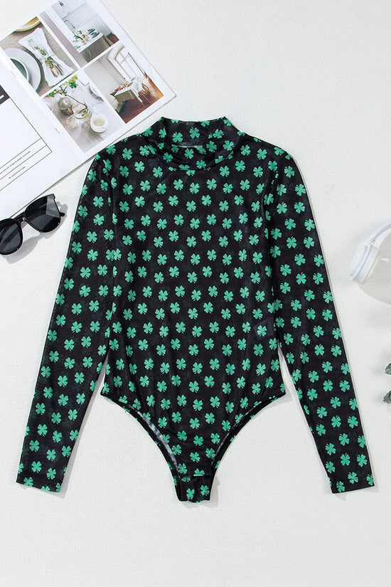 St Patrick Shamrock Print Mesh Bodysuit