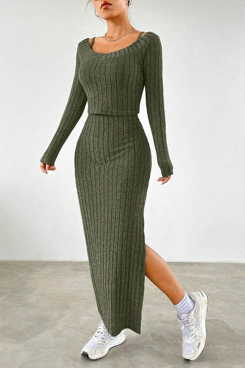 Off-Shoulder Ribbed Dress Set