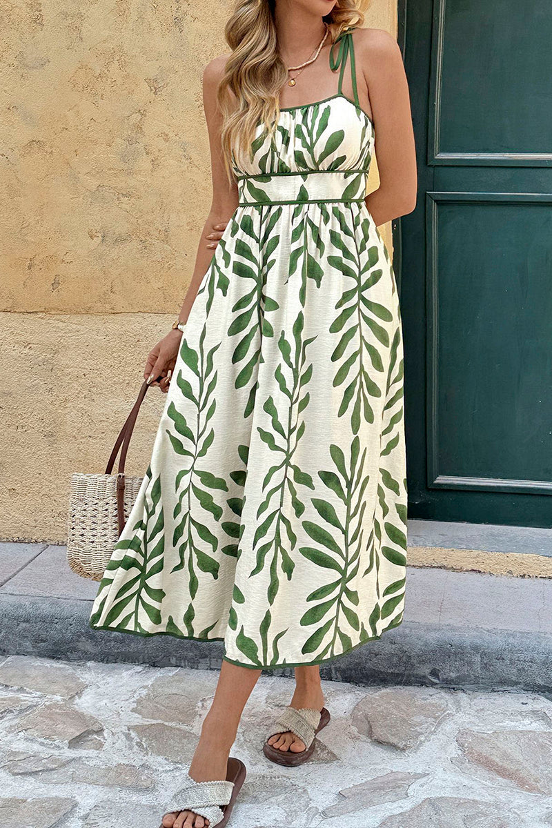 Leaf Print Sleeveless Casual Dress