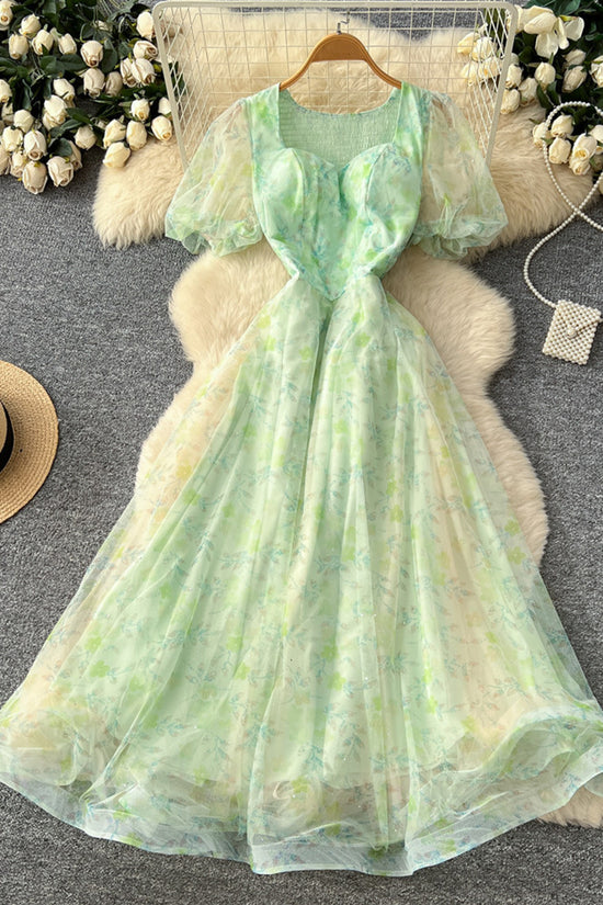 Elegant Floral Puff Sleeve Casual Dress