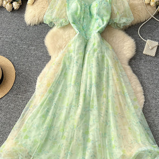 Elegant Floral Puff Sleeve Casual Dress