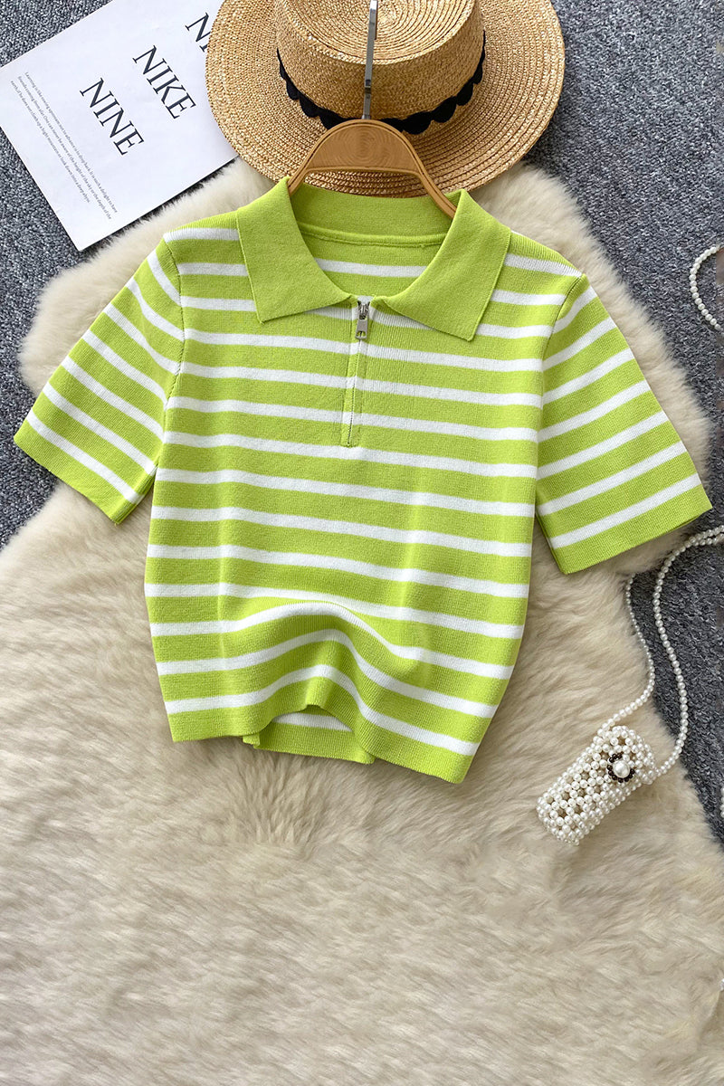Striped Polo Zipper T-Shirt