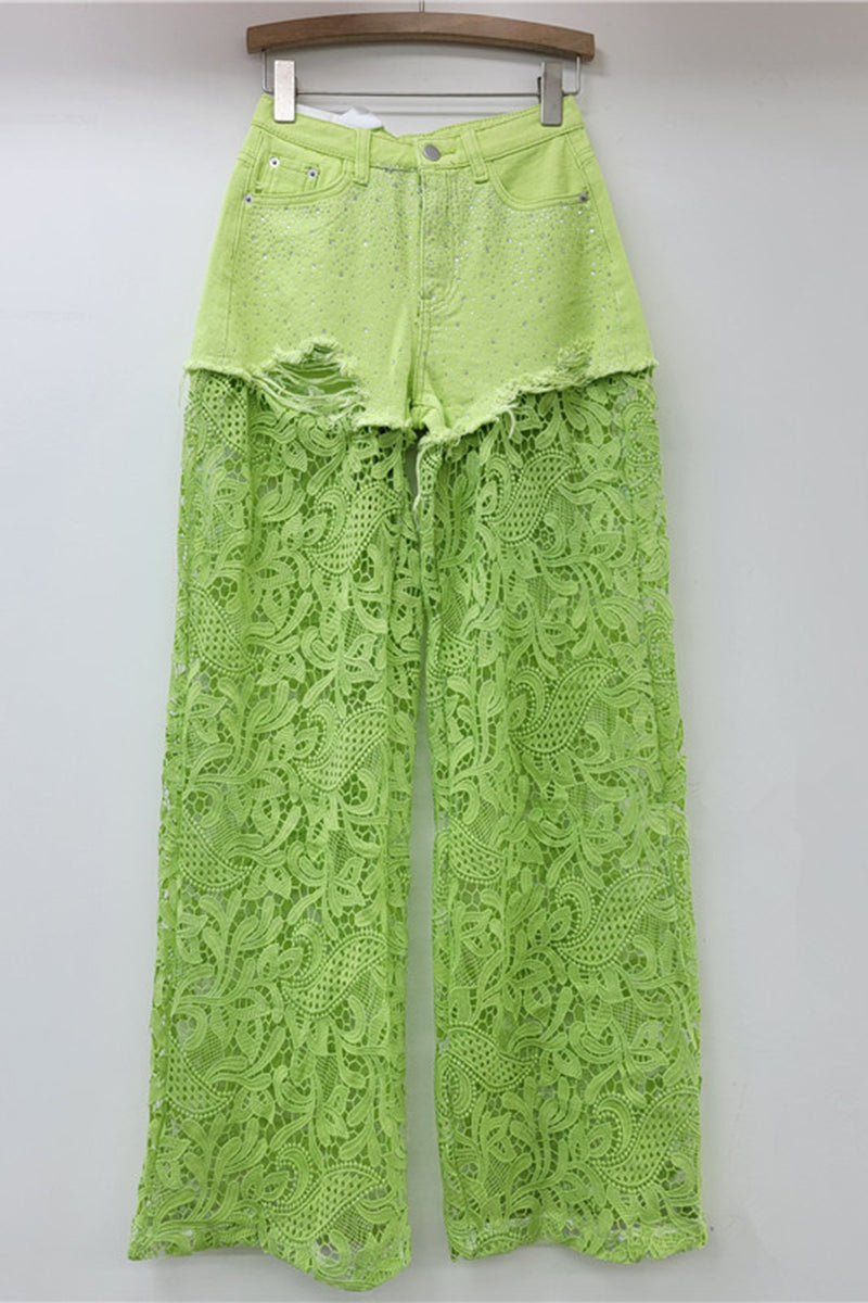 Lace Overlay Denim Casual Pants