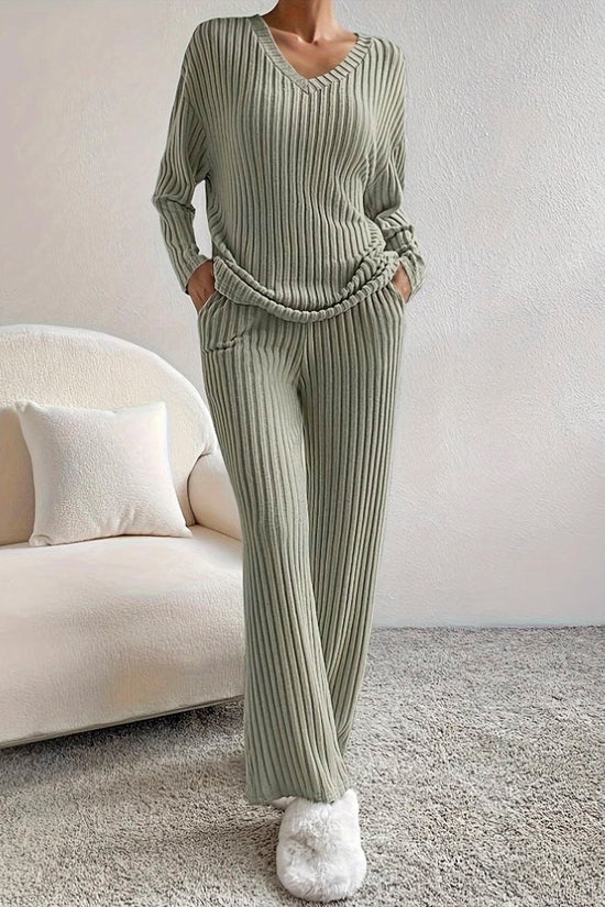Ribbed V-Neck Pants Set