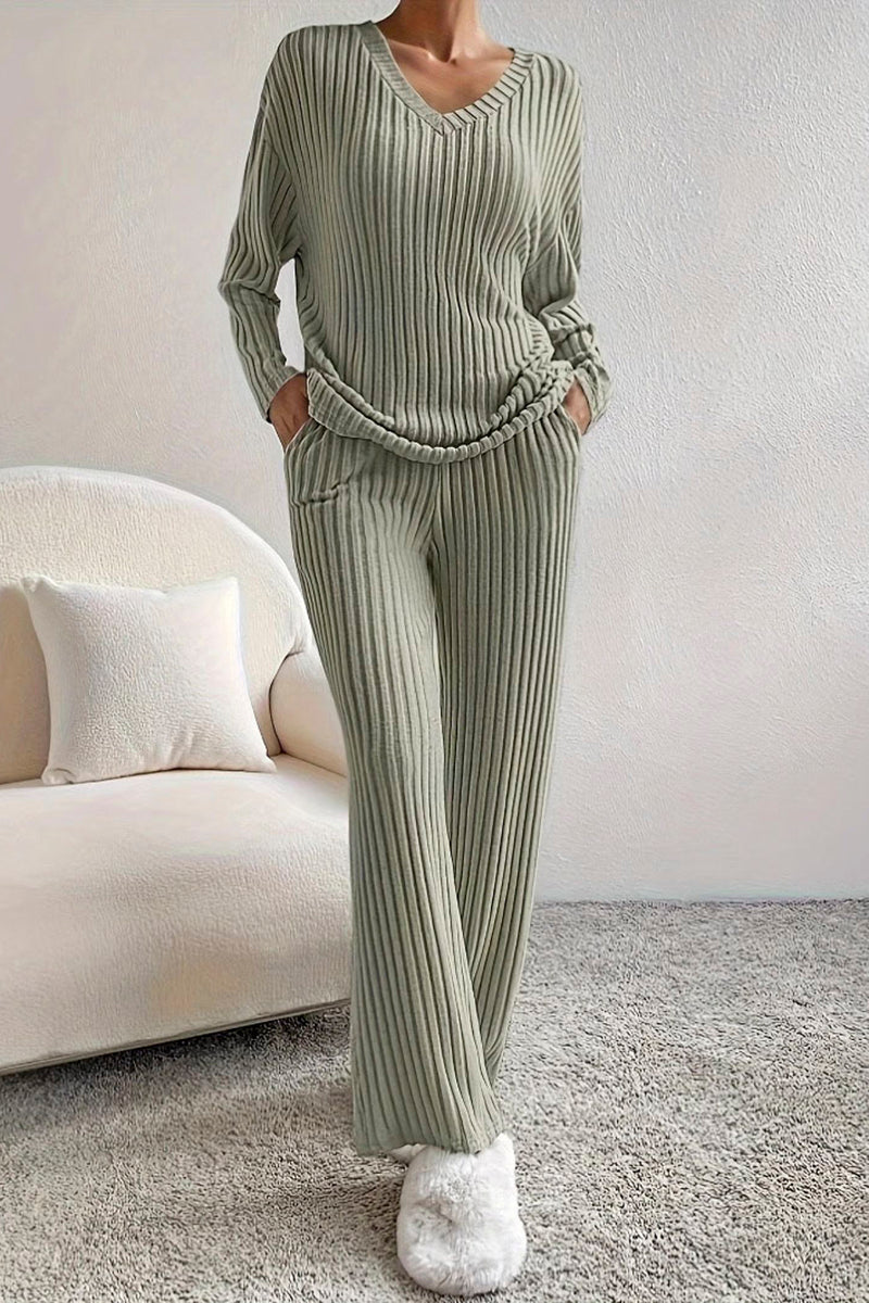 Ribbed V-Neck Pants Set