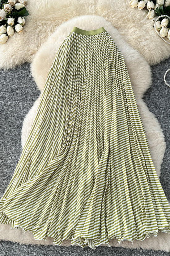 Striped Pleated Midi Skirt