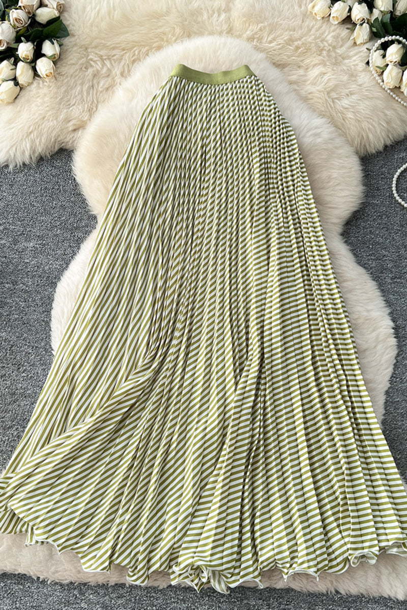 Striped Pleated Midi Skirt