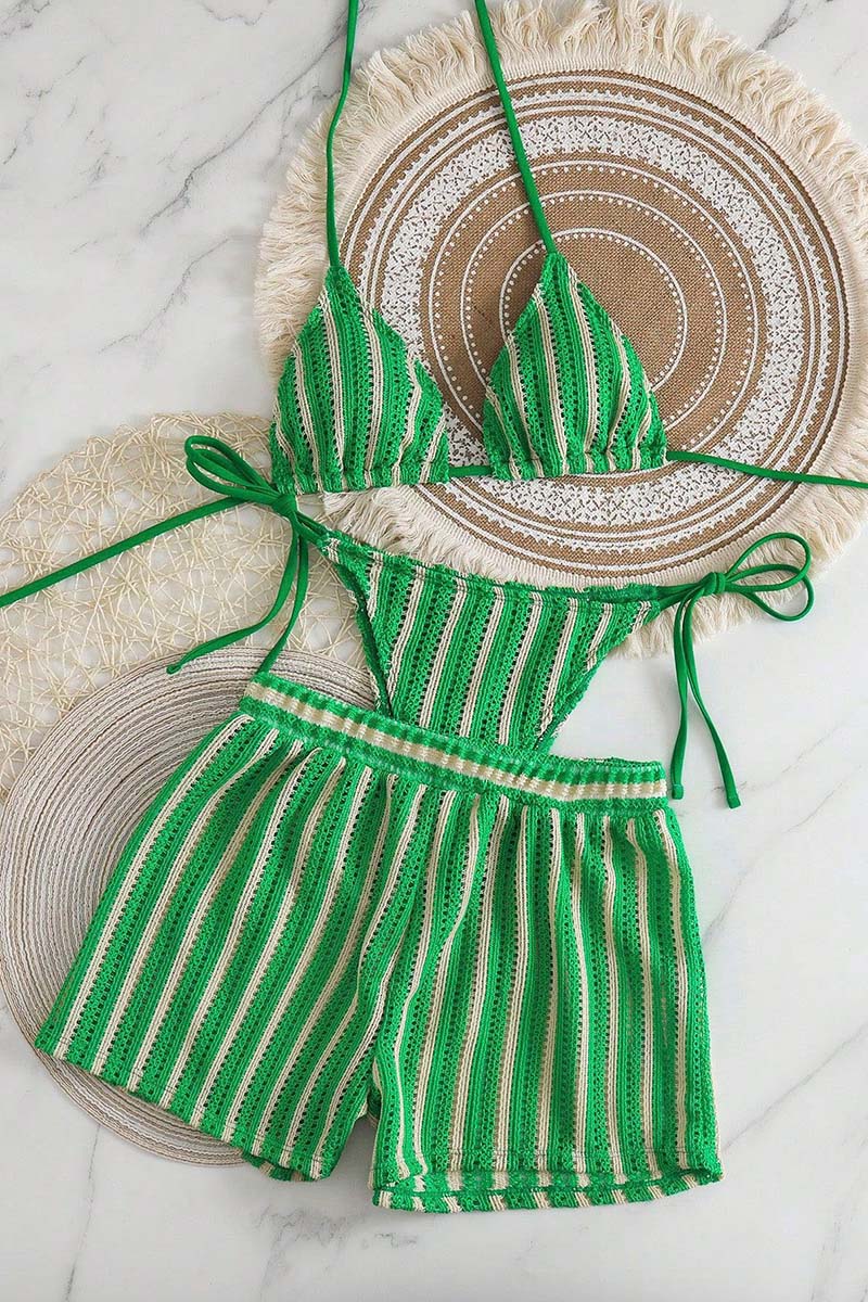 Striped Bikini Set with Stylish Cover-Up