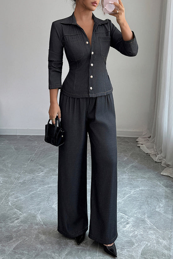 Stylish Button-Up Wide-Leg Pants Set