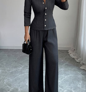 Stylish Button-Up Wide-Leg Pants Set