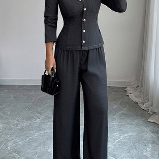 Stylish Button-Up Wide-Leg Pants Set