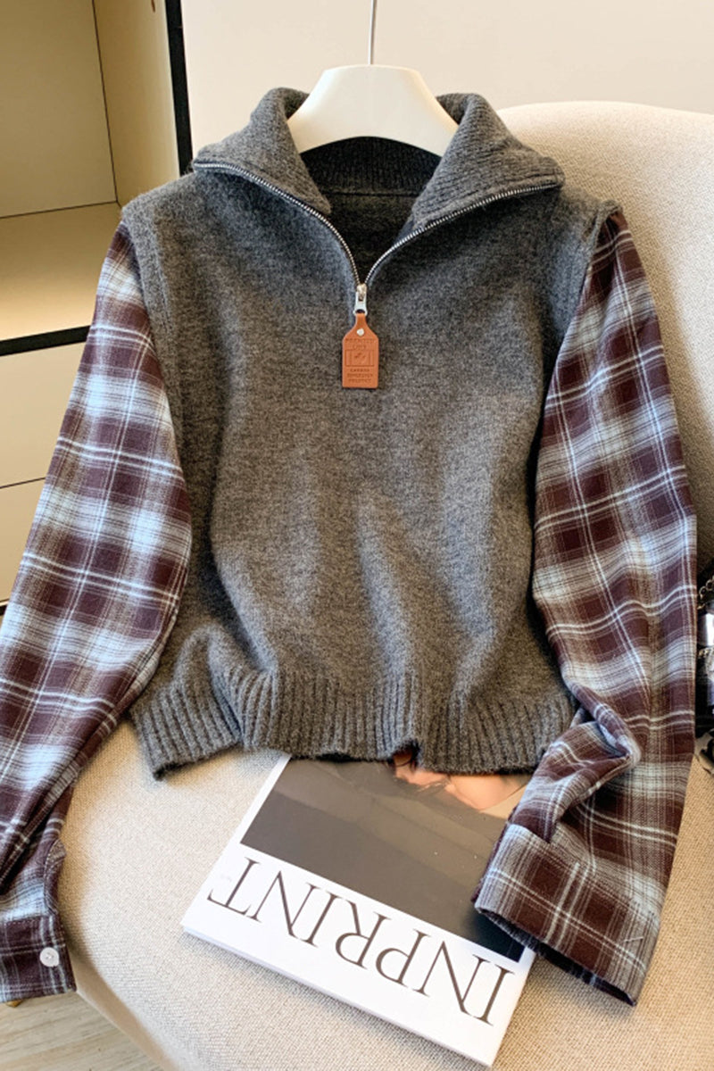 Zip-Up Plaid Patchwork Sweatshirt