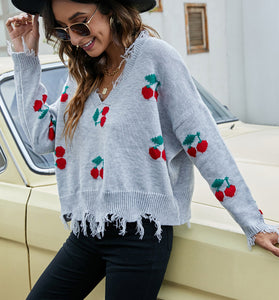 V-Neck Cherry Pattern Frayed Sweater