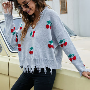 V-Neck Cherry Pattern Frayed Sweater