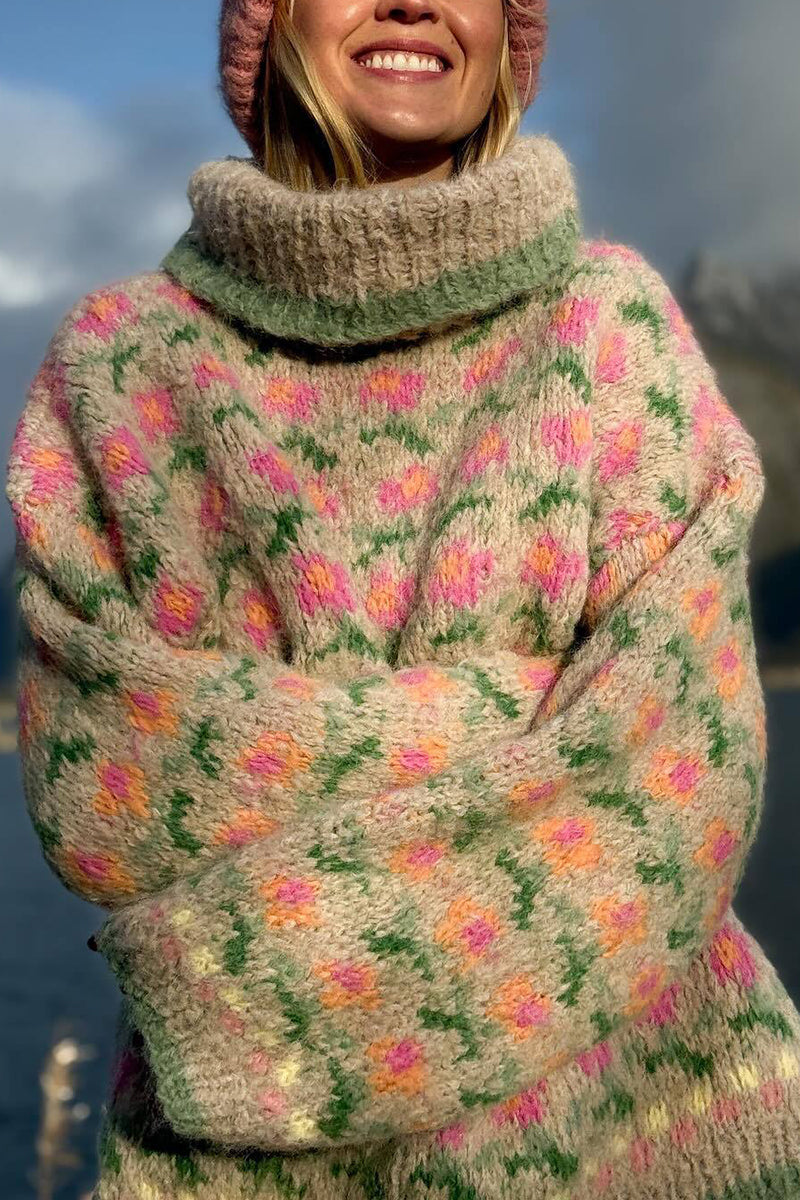 Cozy Floral Knit Turtleneck Sweater